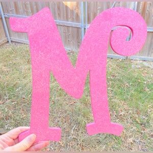 Letter “M” Pink Glitter Wooden Wall Hanging for Child’s Bedroom Decor.